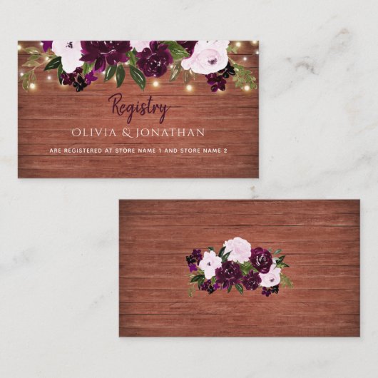 Plum Floral Rustic Wood Wedding Registry Informatiekaartje (Voorkant / Achterkant)