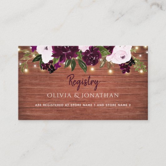 Plum Floral Rustic Wood Wedding Registry Informatiekaartje (Voorkant)