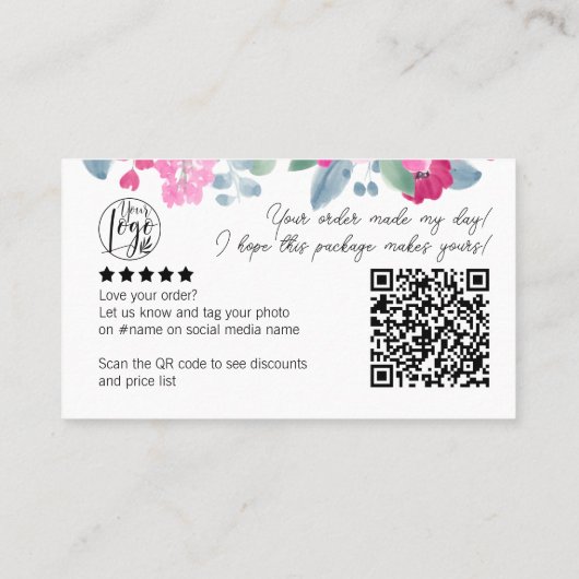 Plum floral script order logo dank u qr visitekaartje (Achterkant)