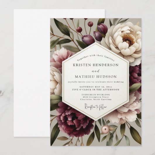 Plum Floral Whisper Wedding Kaart (Voorkant / Achterkant)
