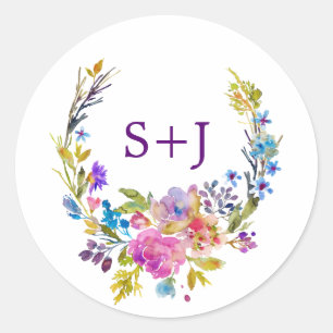 Plum Floral Wreath Monogram Wedding Envelope Seals Ronde Sticker