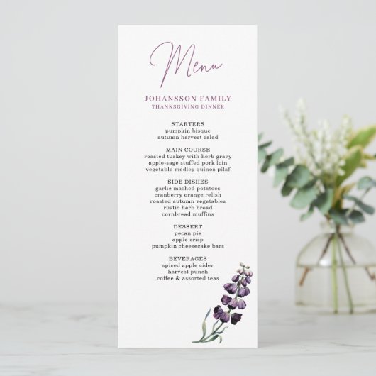 PLUM FOXGLOVE FLOWER THANKSGIVING DINER MENU (Staand voorkant)