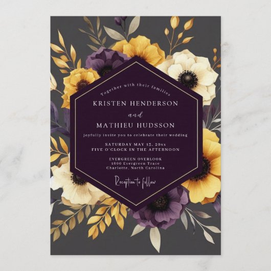 Plum Gilded Flora Wedding Kaart (Voorkant)