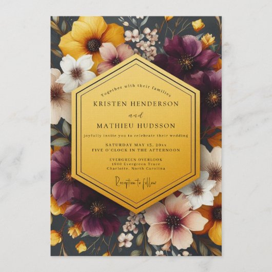 Plum Gilded Floral Wedding Kaart (Voorkant)