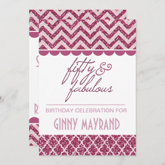 Plum Glitter 50 en Fabulous Birthday Invite Kaart (Voorkant / Achterkant)