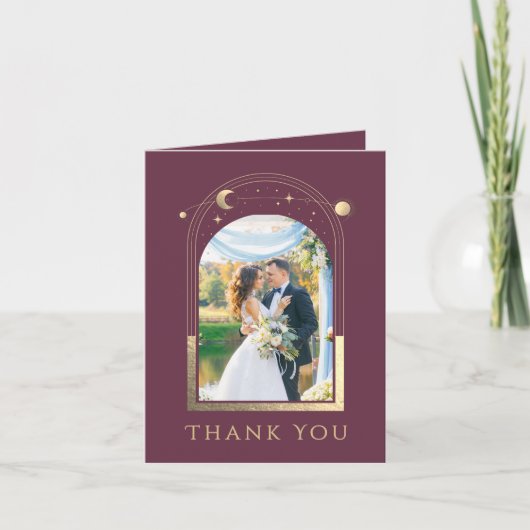 Plum Gold Celestial Photo Wedding Bedankkaart (Voorkant)