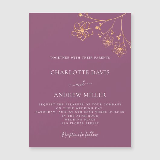 Plum gold floral bruiloft nodigmagneet uit (Voorkant)