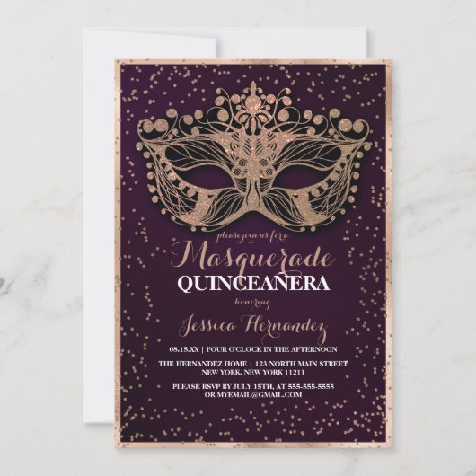 Plum Gold Glitter Confetti Masquerade Quinceañera Kaart (Voorkant)