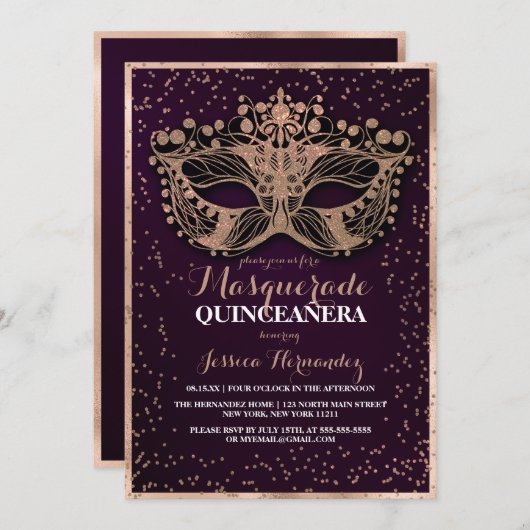 Plum Gold Glitter Confetti Masquerade Quinceañera Kaart (Voorkant / Achterkant)