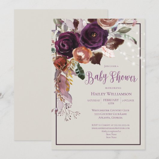 Plum, Gold, Green Floral String Lights Baby shower Kaart (Voorkant / Achterkant)