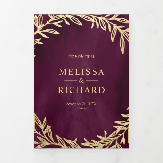 Plum Gold Leaf Branch Alles in een bruiloft Drieluik Uitnodiging (Cover)