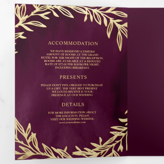 Plum Gold Leaf Branch Alles in een bruiloft Drieluik Uitnodiging (Binnenzijde eerst)