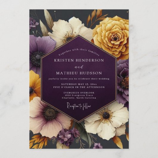 Plum & Gold Moody Floral Wedding Kaart (Voorkant)