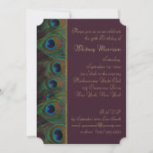 Plum, Gold Peacock Feathers Birthday Invitation Kaart (Voorkant)