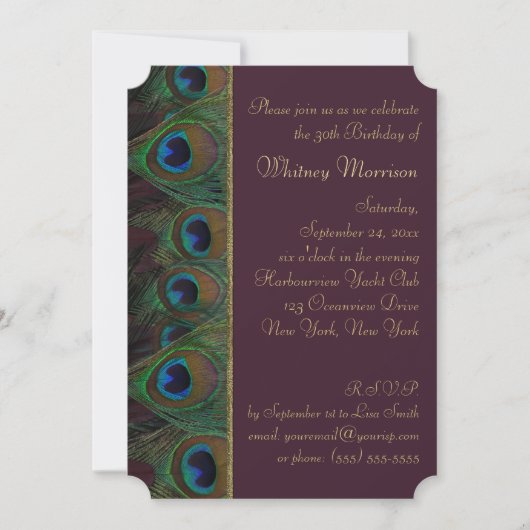 Plum, Gold Peacock Feathers Birthday Invitation Kaart (Voorkant)