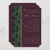 Plum, Gold Peacock Feathers Birthday Invitation Kaart (Voorkant / Achterkant)
