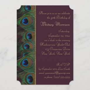 Plum, Gold Peacock Feathers Birthday Invitation Kaart
