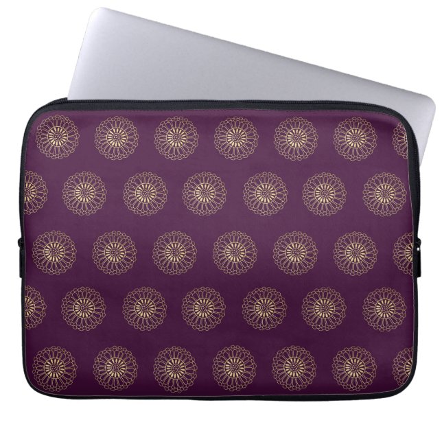 Plum | Golden Zinnia Flower Medallions Laptop Sleeve (Voorkant)