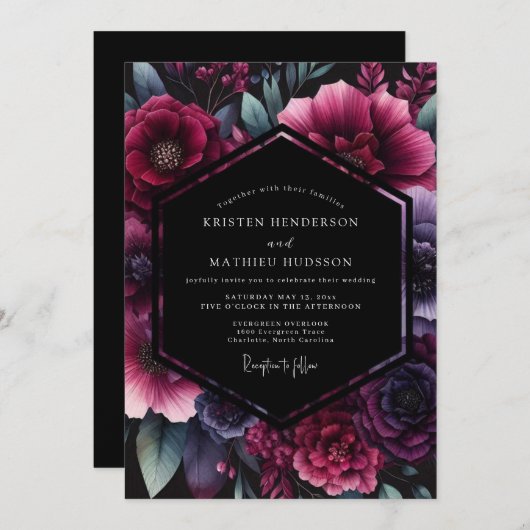 Plum Gothic Floral Wedding Kaart (Voorkant / Achterkant)