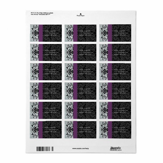 Plum Grey Bumble Bee Damask Adresetiketten - Etiket (Full Sheet)