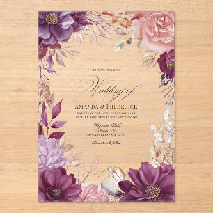 Plum, Grey, Copper, en Dusty Roos Floral Wedding Acryl Uitnodigingen