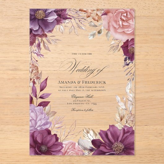 Plum, Grey, Copper, en Dusty Roos Floral Wedding Acryl Uitnodigingen (Voorkant)