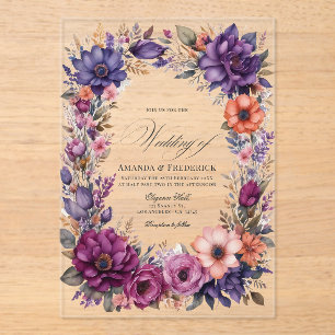 Plum, Grey, Copper, en Dusty Roos Floral Wedding Acryl Uitnodigingen