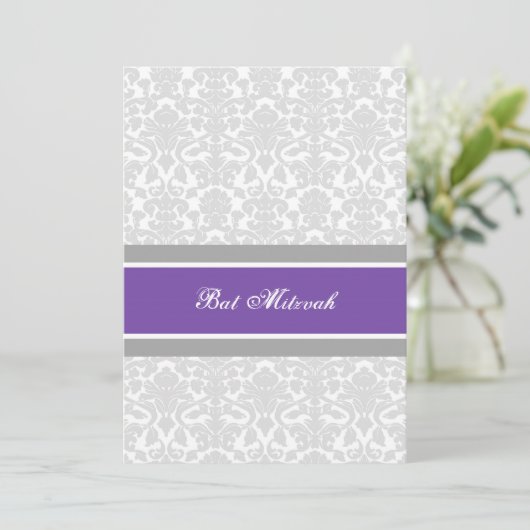 Plum Grey Damask Bat Mitzvah Invitaties Kaart (Staand voorkant)