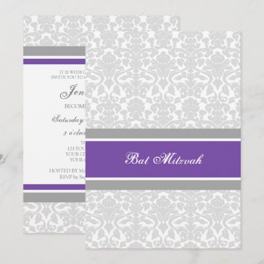 Plum Grey Damask Bat Mitzvah Invitaties Kaart (Voorkant / Achterkant)