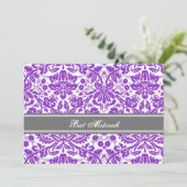 Plum Grey Damask Bat Mitzvah Invitaties Kaart (Staand voorkant)