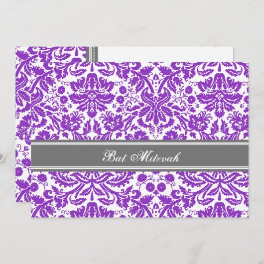 Plum Grey Damask Bat Mitzvah Invitaties Kaart (Voorkant / Achterkant)