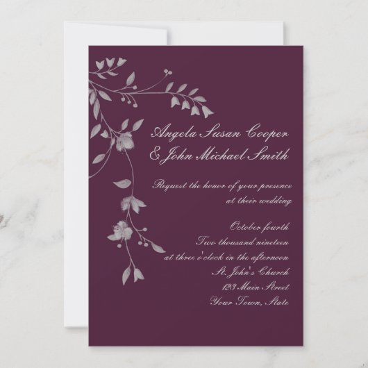 Plum Grey Floral Invitation Kaart (Voorkant)
