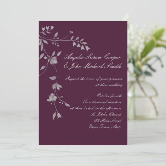 Plum Grey Floral Invitation Kaart (Staand voorkant)