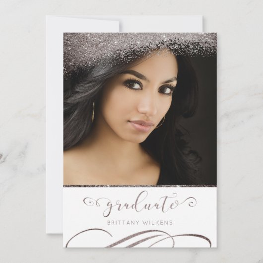 Plum Grey Glitter Elegant Script Afstuderen Kaart (Voorkant)