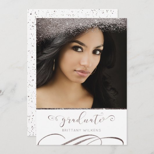 Plum Grey Glitter Elegant Script Afstuderen Kaart (Voorkant / Achterkant)