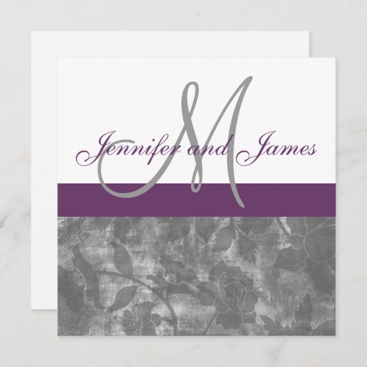 Plum Grey Wedding Invitation Monogram Floral Kaart (Voorkant / Achterkant)