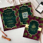 Plum Groene Peacock Veren QR Code Moslim Bruiloft<br><div class="desc">Verras uw gasten met deze elegante islamitische thema gevouwen bruiloft uitnodiging met een mooi patroon en 'Bismillah' in Arabische kalligrafie met QR Code voor online RSVP. Voeg eenvoudig uw evenementgegevens toe aan deze gebruiksvriendelijke sjabloon om er een unieke uitnodiging van te maken.</div>