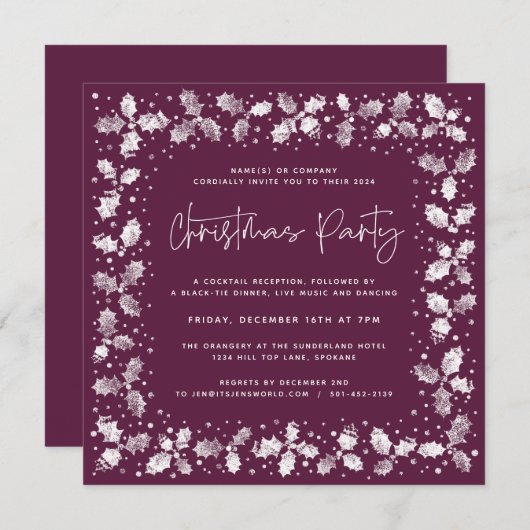 Plum Hand Printed Holly+Berries kerstparty Kaart (Voorkant / Achterkant)