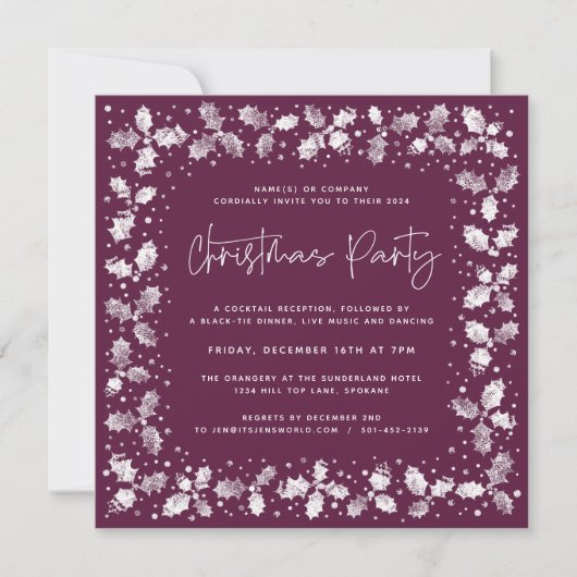 Plum Hand Printed Holly+Berries kerstparty Kaart (Voorkant)