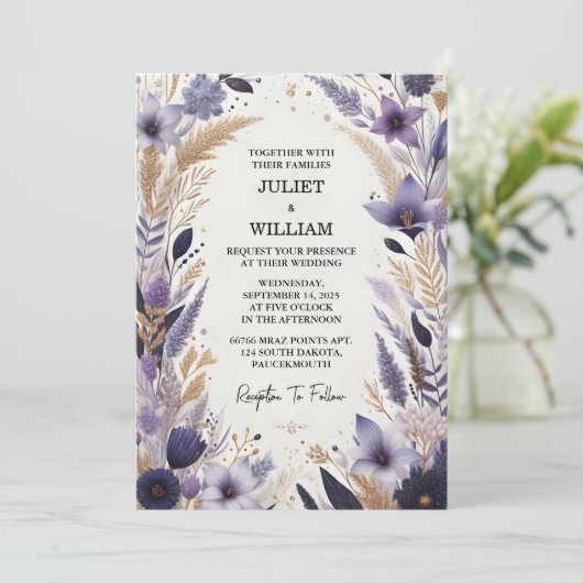 Plum Herfst Lente Zomer Lavendel Sage Bruiloft Kaart (Staand voorkant)