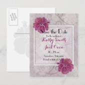 Plum hibiscus save the date briefkaart (Voorkant / Achterkant)