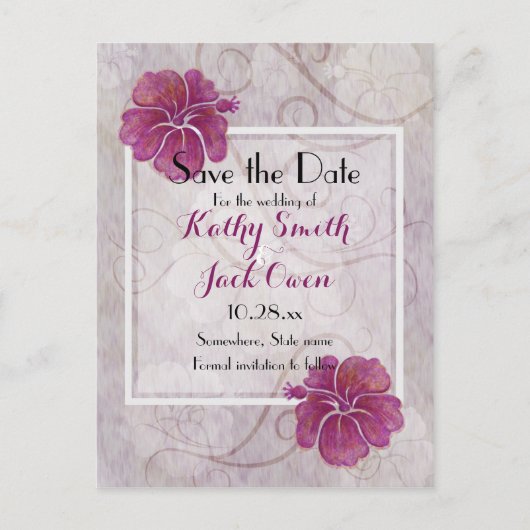 Plum hibiscus save the date briefkaart (Voorkant)