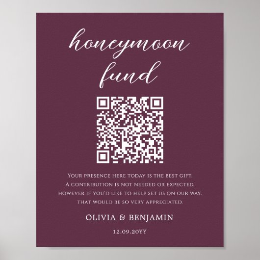 Plum Honeymoon Fund QR Code Wedding Sign Poster (Voorkant)