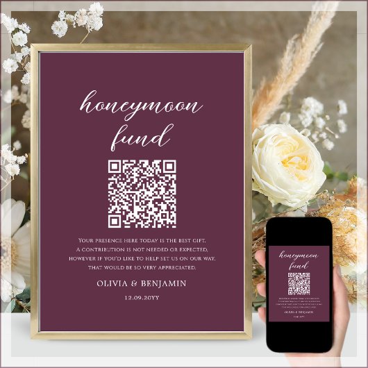 Plum Honeymoon Fund QR Code Wedding Sign Poster