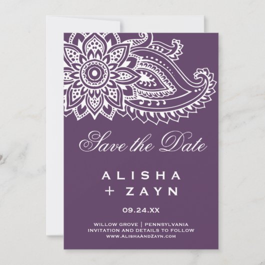 Plum Indian Paisley Save the Date Kaart (Voorkant)