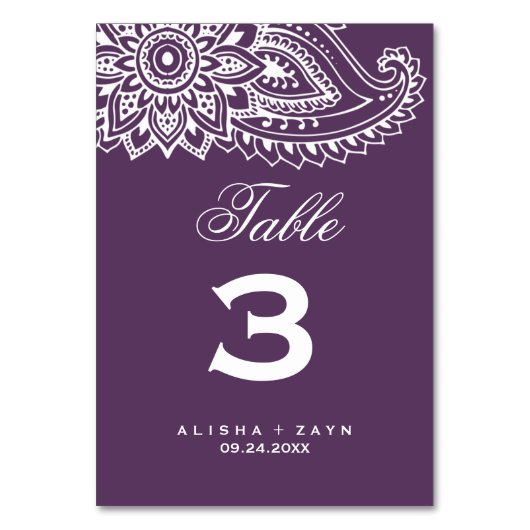 Plum Indian Paisley Table Number Kaart (Achterkant)