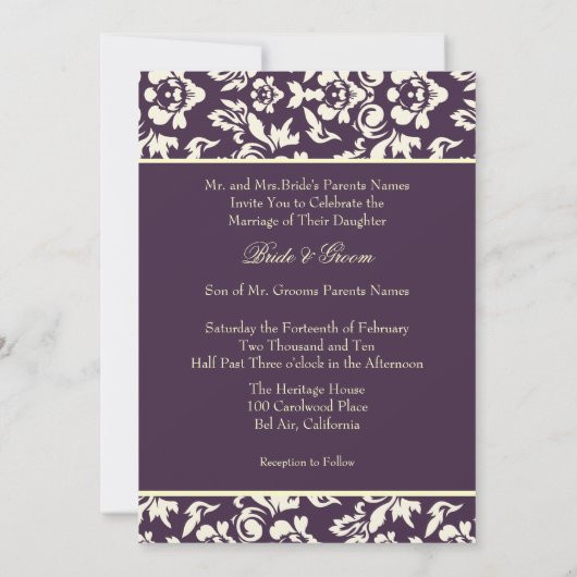 Plum/iory crème damask kaart (Achterkant)