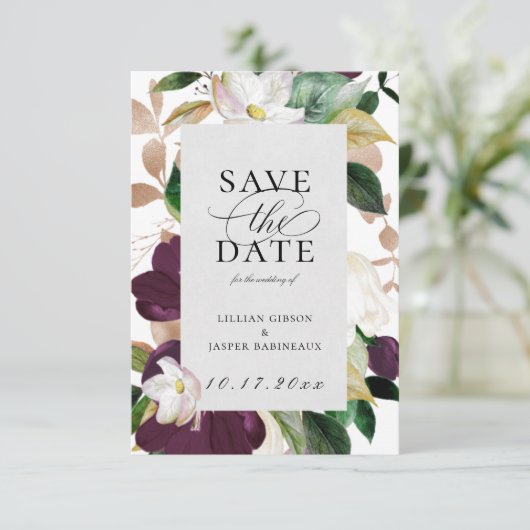 Plum Ivory Floral Save the Date Aankondiging (Staand voorkant)