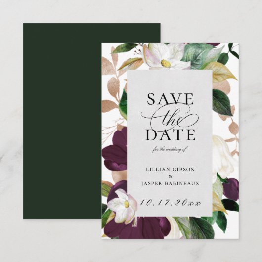 Plum Ivory Floral Save the Date Aankondiging (Voorkant / Achterkant)