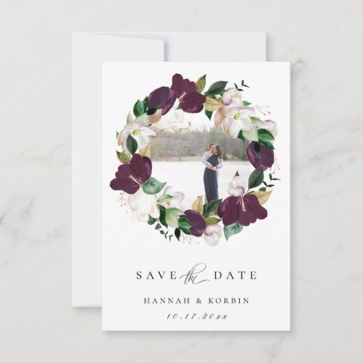 Plum ivory Floral Wreatfoto Save the Date Aankondiging (Voorkant)